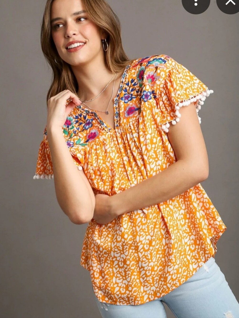 Umgee Orange Embroidered Floral Pom-Pom Sleeve Blouse Size Small